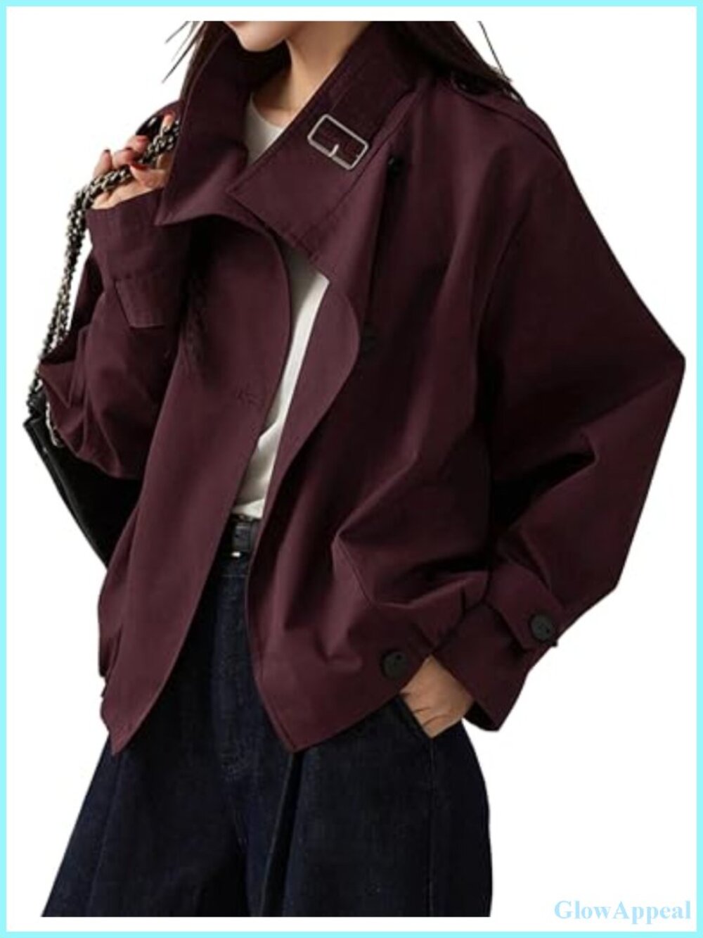 Vintage Funnel Neck Cropped Trench Coat for Women Cotton Blend Long Sleeve